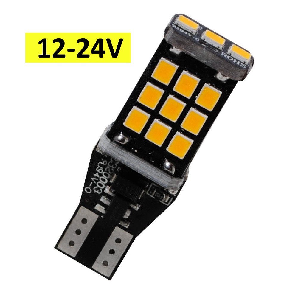 LED T15 (W16W) 21 SMD 2835 LED 10-30V Canbus oranžová